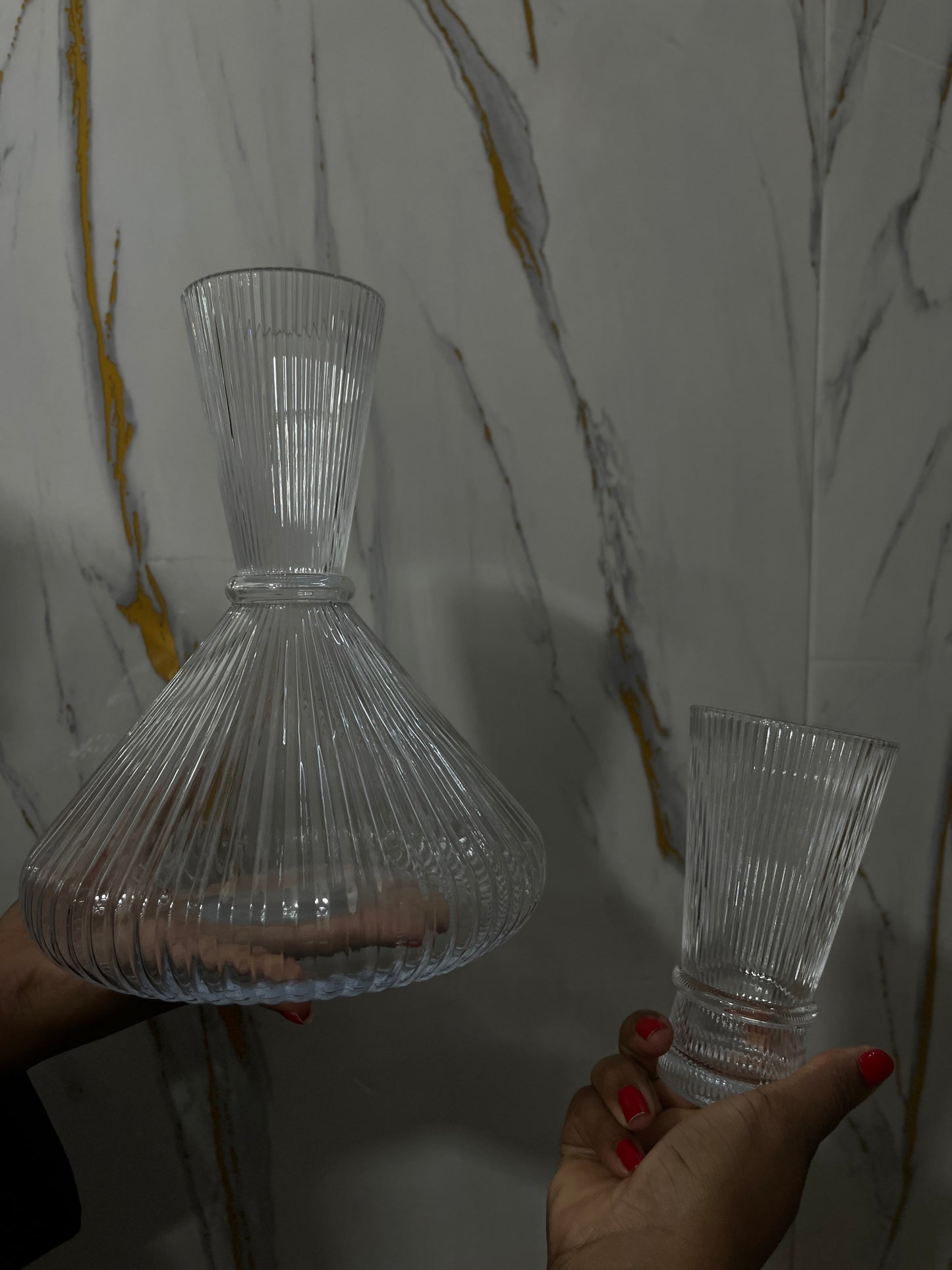 Art Deco Ribbed Glass Carafe & Tumbler Set – 7-Piece Beverage Collection