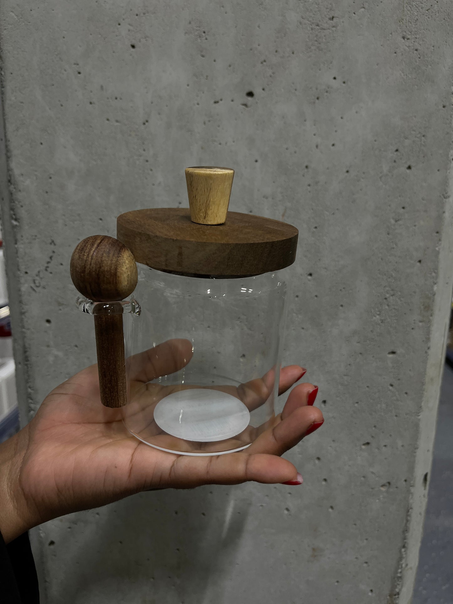 Glass Utility Jar with Wood-Effect Lid & Integrated Spoon