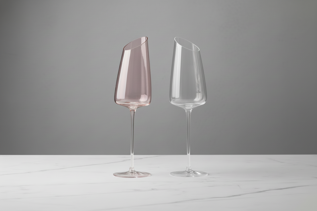 Aurora Slanted Rim Champagne Flutes | Hand-Blown Angled Crystal Glassware | Set of 2 (Blush Pink & Crystal Clear)
