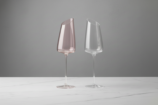 Aurora Slanted Rim Champagne Flutes | Hand-Blown Angled Crystal Glassware | Set of 2 (Blush Pink & Crystal Clear)