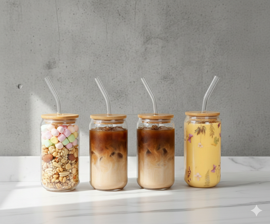 4 pc Glass Can-Shaped Tumblers with Bamboo Lids and Reusable Glass Straws