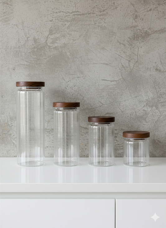 Minimalist Ribbed Glass Storage Jar with Natural Wood-Effect Lid(S,M,L,XL)