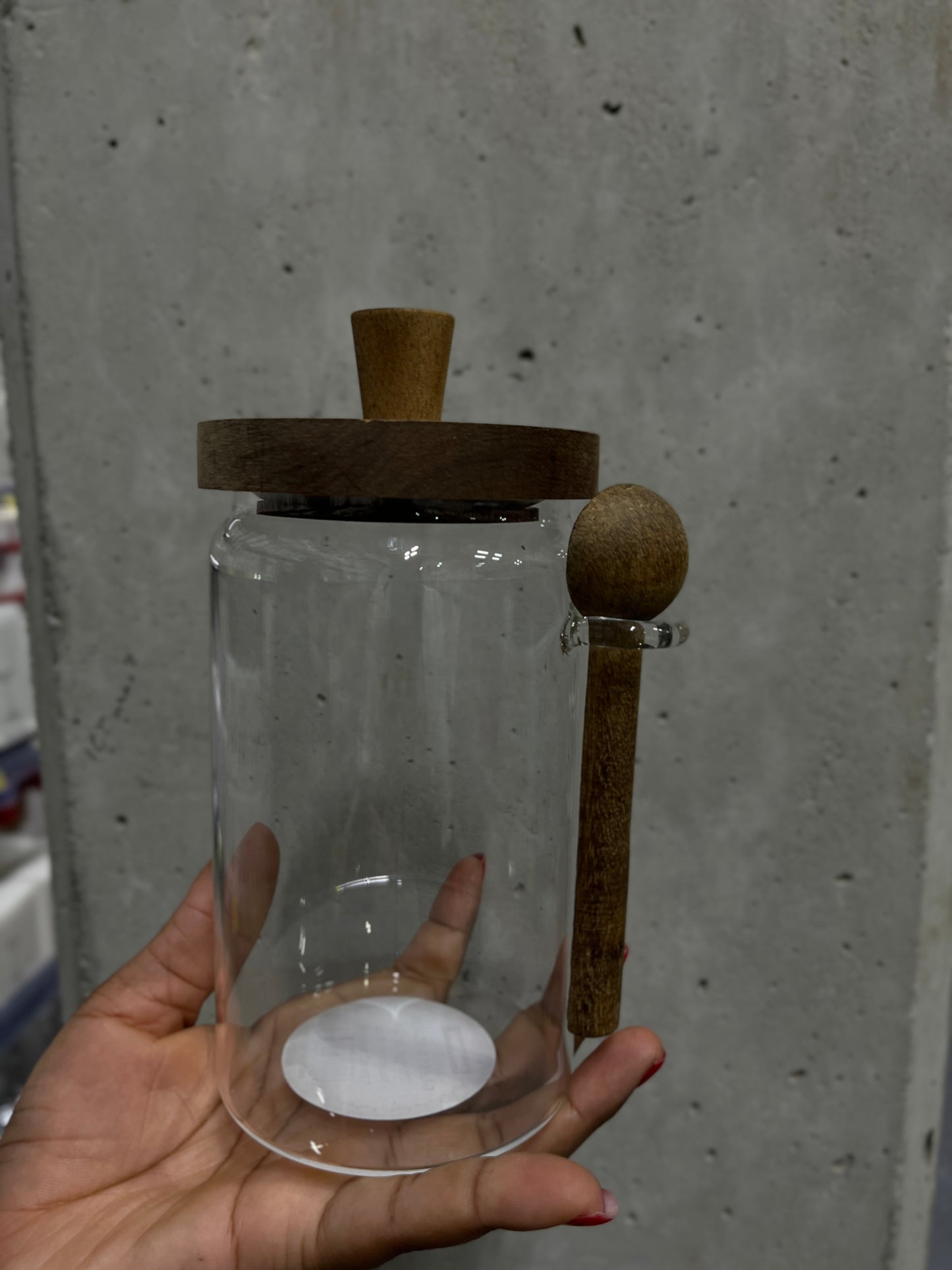 Glass Utility Jar with Wood-Effect Lid & Integrated Spoon