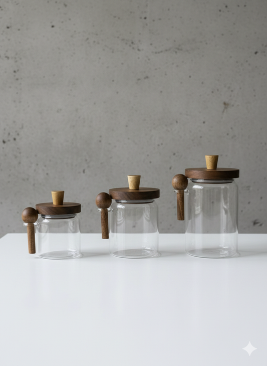 Glass Utility Jar with Wood-Effect Lid & Integrated Spoon