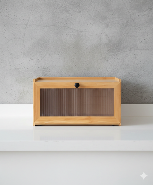 Minimalist Bamboo Bread Box with Ribbed Glass
