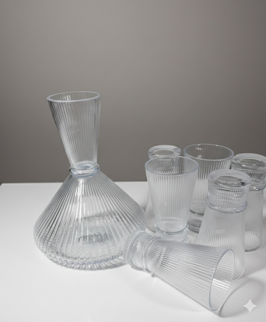Art Deco Ribbed Glass Carafe & Tumbler Set – 7-Piece Beverage Collection