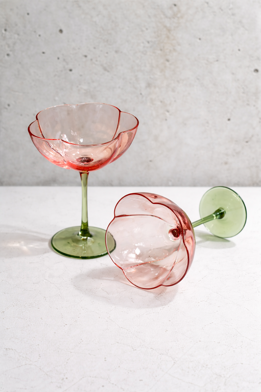 Two-Tone Flower Shaped Top Glass Champagne Coupe Set – 2 Piece (Pink & Lime)