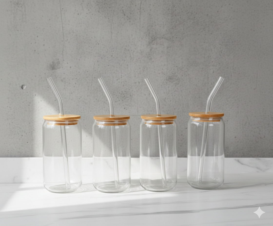 4 pc Glass Can-Shaped Tumblers with Bamboo Lids and Reusable Glass Straws